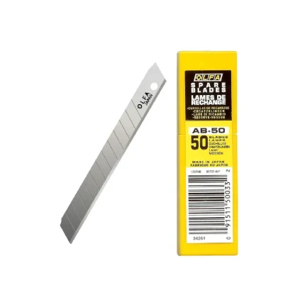 מארז 50 להבים צהובים לסכין רוחב 9 מ"מ דגם: AB-50 מבית אולפא OLFA
