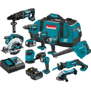 ערכת סט כלים נטענים מבית מקיטה MAKITA 18V הכוללת : מברגה מקדחה פטישון משחזת פנס מלטשת מפוח מפתח רטיטה ומסור עגול עם שני סוללות ומטען מבצע